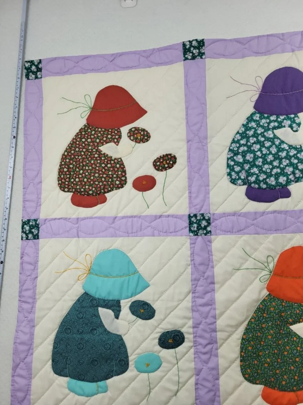 Vintage sun bonnet Sue Quilted wall hang Homemade machine sewn Hanger is loose